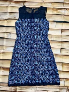 Elie Tahari Blue Floral Embroidered Sleeveless Mesh Dress size 4